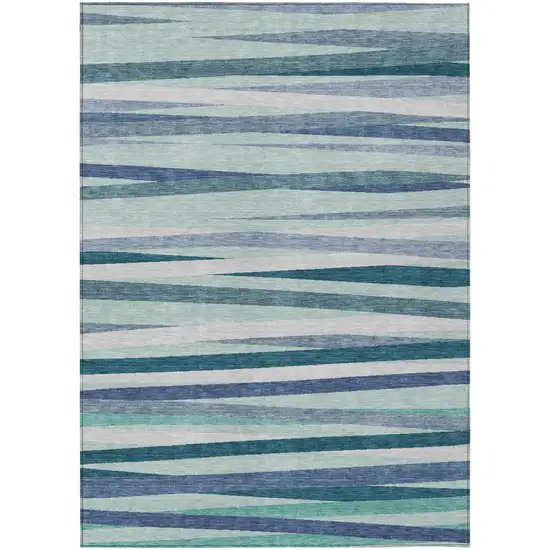 Teal Blue Gray And Ivory Striped Washable Indoor Outdoor Area Rug Photo 2