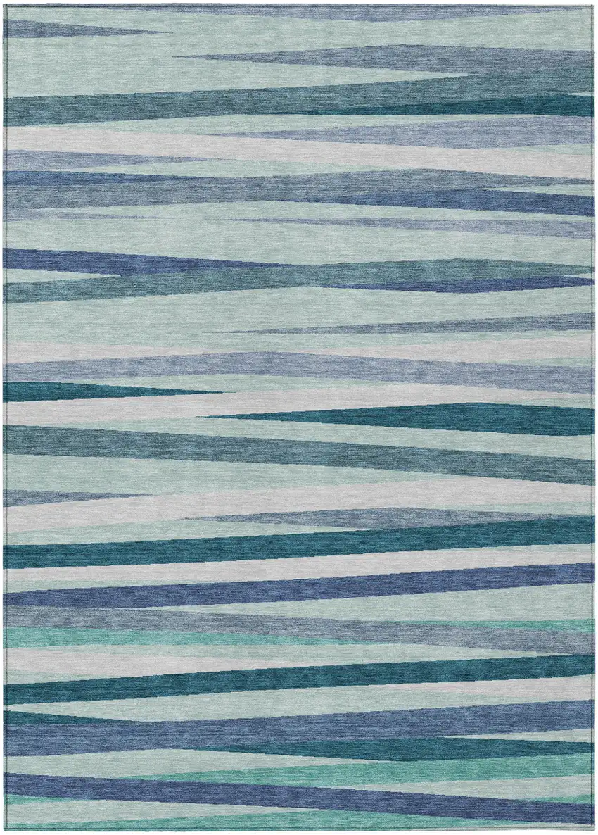 Teal Blue Gray And Ivory Striped Washable Indoor Outdoor Area Rug Photo 2