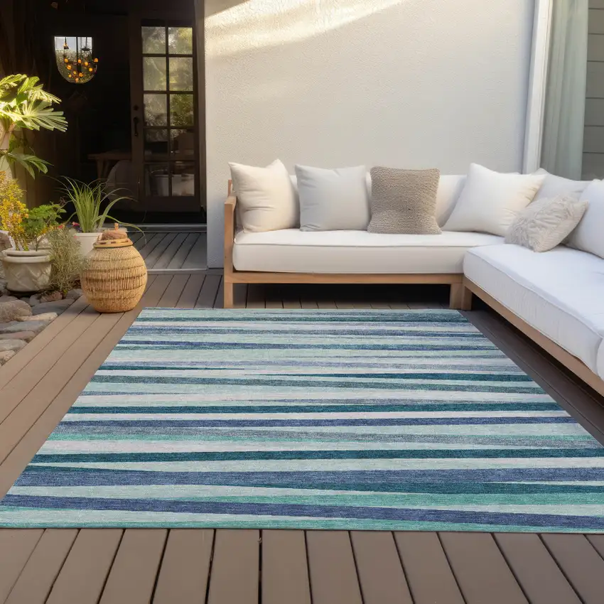 Teal Blue Gray And Ivory Striped Washable Indoor Outdoor Area Rug Photo 7