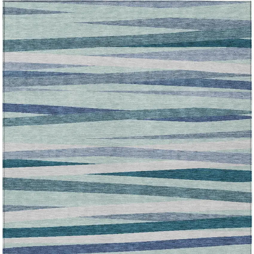 Teal Blue Gray And Ivory Striped Washable Indoor Outdoor Area Rug Photo 5