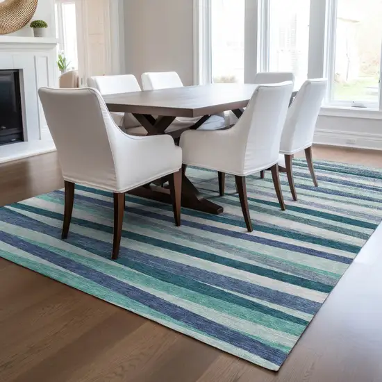 Teal Blue Gray And Ivory Striped Washable Indoor Outdoor Area Rug Photo 9