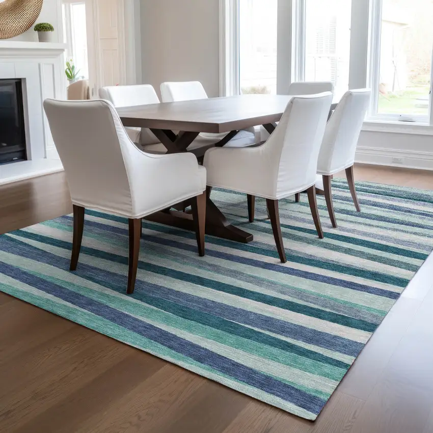 Teal Blue Gray And Ivory Striped Washable Indoor Outdoor Area Rug Photo 9