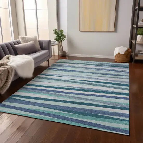 Teal Blue Gray And Ivory Striped Washable Indoor Outdoor Area Rug Photo 7