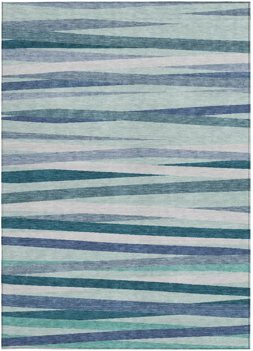 Teal Blue Gray And Ivory Striped Washable Indoor Outdoor Area Rug Photo 5