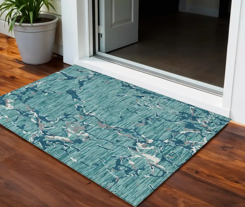 Teal Blue Gray And Ivory Striped Washable Indoor Outdoor Area Rug Photo 1