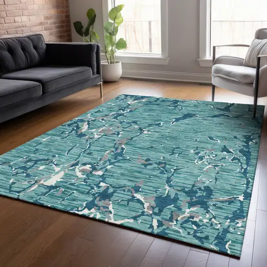Teal Blue Gray And Ivory Striped Washable Indoor Outdoor Area Rug Photo 9