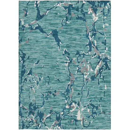 Teal Blue Gray And Ivory Striped Washable Indoor Outdoor Area Rug Photo 7