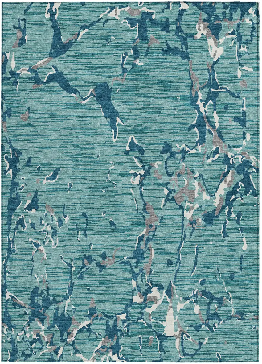 Teal Blue Gray And Ivory Striped Washable Indoor Outdoor Area Rug Photo 7