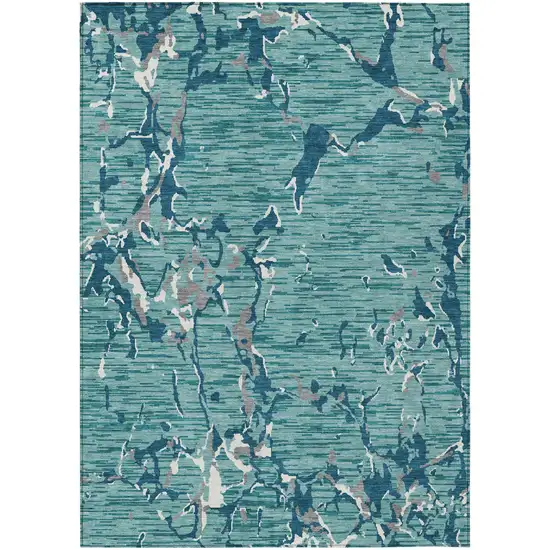 Teal Blue Gray And Ivory Striped Washable Indoor Outdoor Area Rug Photo 2