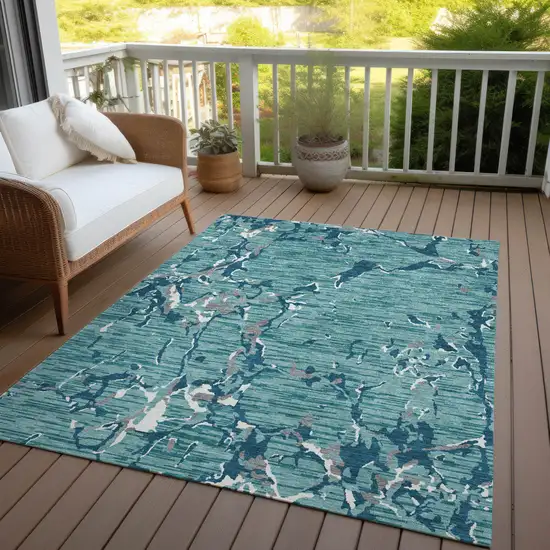 Teal Blue Gray And Ivory Striped Washable Indoor Outdoor Area Rug Photo 8