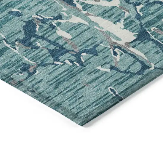 Teal Blue Gray And Ivory Striped Washable Indoor Outdoor Area Rug Photo 3