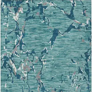 Photo of Teal Blue Gray And Ivory Striped Washable Indoor Outdoor Area Rug