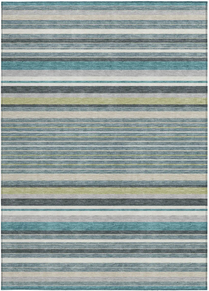 Teal Blue Gray And Ivory Striped Washable Indoor Outdoor Area Rug Photo 5