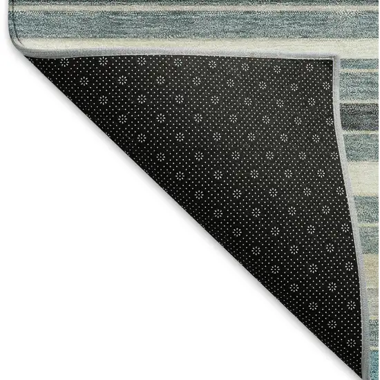 Teal Blue Gray And Ivory Striped Washable Indoor Outdoor Area Rug Photo 6