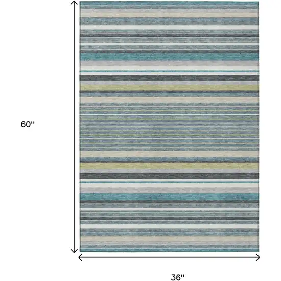 Teal Blue Gray And Ivory Striped Washable Indoor Outdoor Area Rug Photo 3