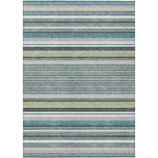 Teal Blue Gray And Ivory Striped Washable Indoor Outdoor Area Rug Photo 2