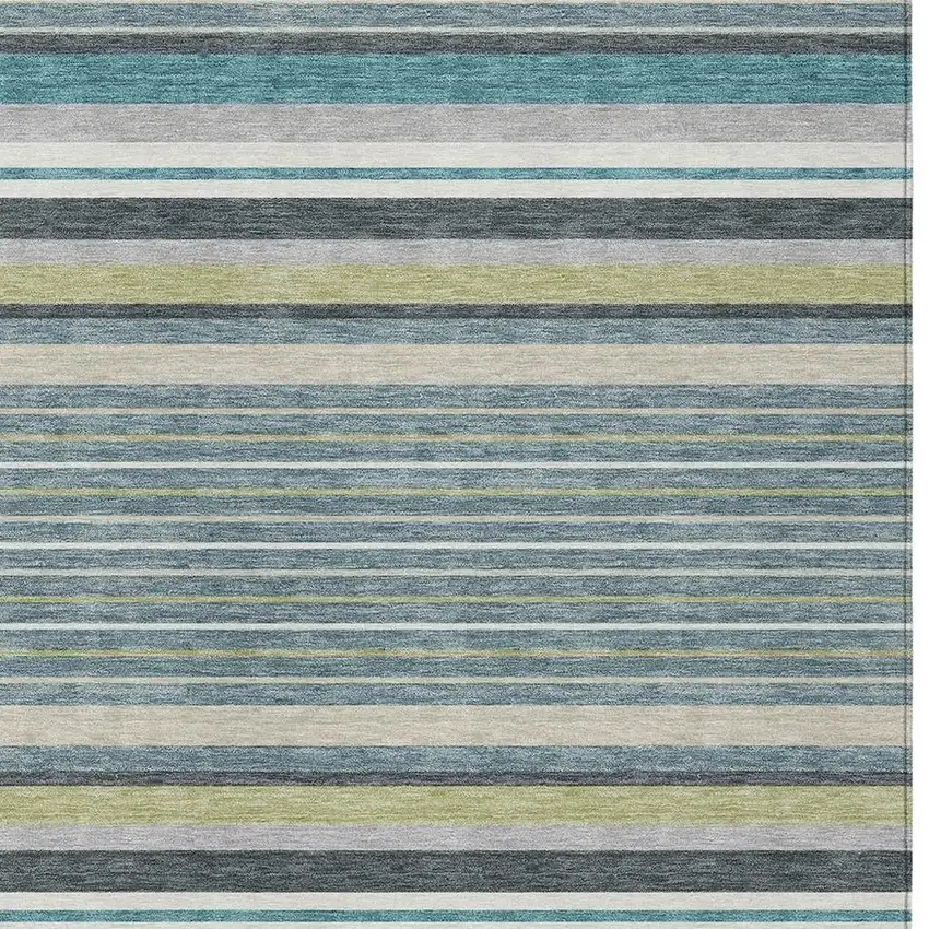 Teal Blue Gray And Ivory Striped Washable Indoor Outdoor Area Rug Photo 7