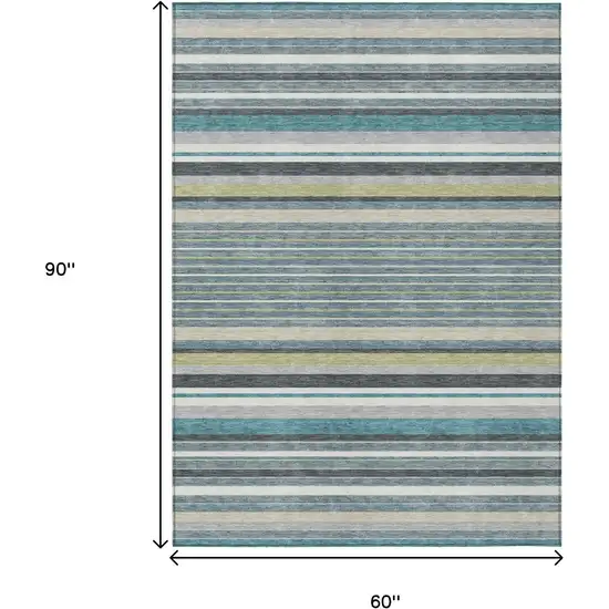 Teal Blue Gray And Ivory Striped Washable Indoor Outdoor Area Rug Photo 3