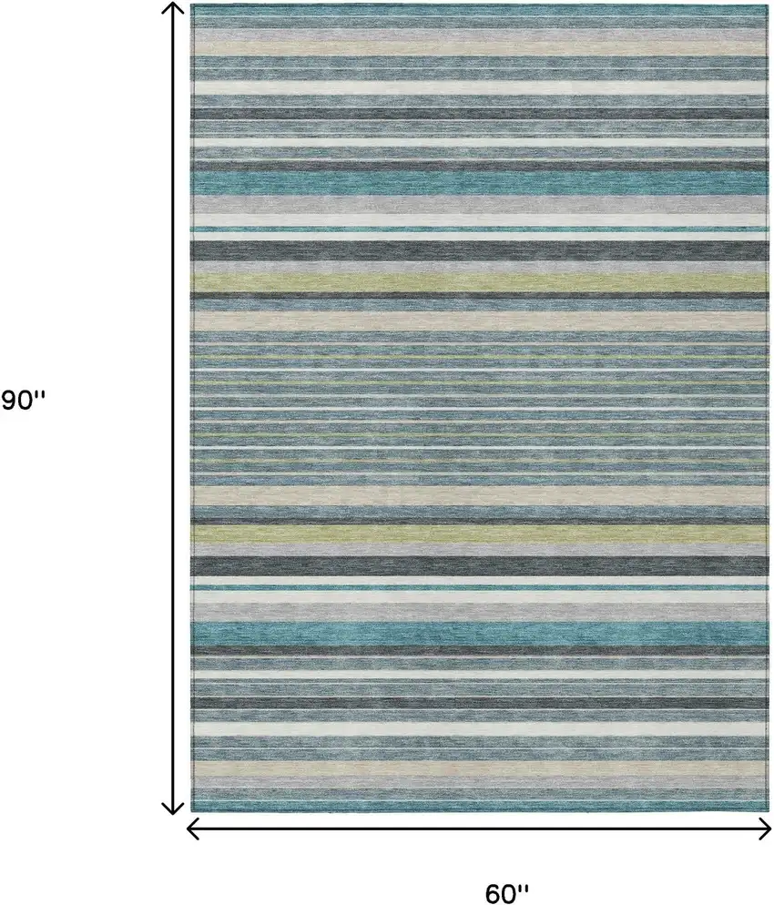 Teal Blue Gray And Ivory Striped Washable Indoor Outdoor Area Rug Photo 3