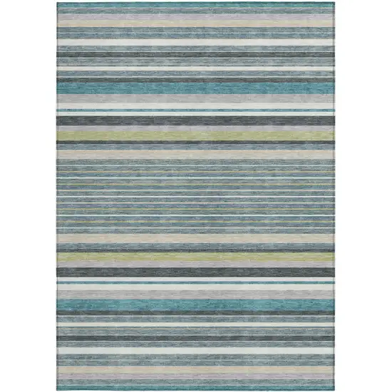Teal Blue Gray And Ivory Striped Washable Indoor Outdoor Area Rug Photo 4