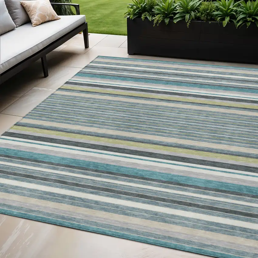 Teal Blue Gray And Ivory Striped Washable Indoor Outdoor Area Rug Photo 1