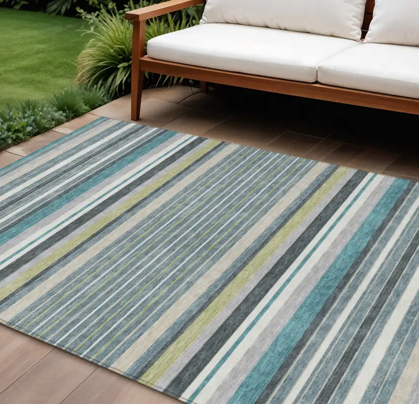 Teal Blue Gray And Ivory Striped Washable Indoor Outdoor Area Rug Photo 1