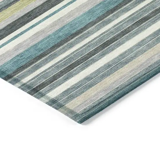 Teal Blue Gray And Ivory Striped Washable Indoor Outdoor Area Rug Photo 6