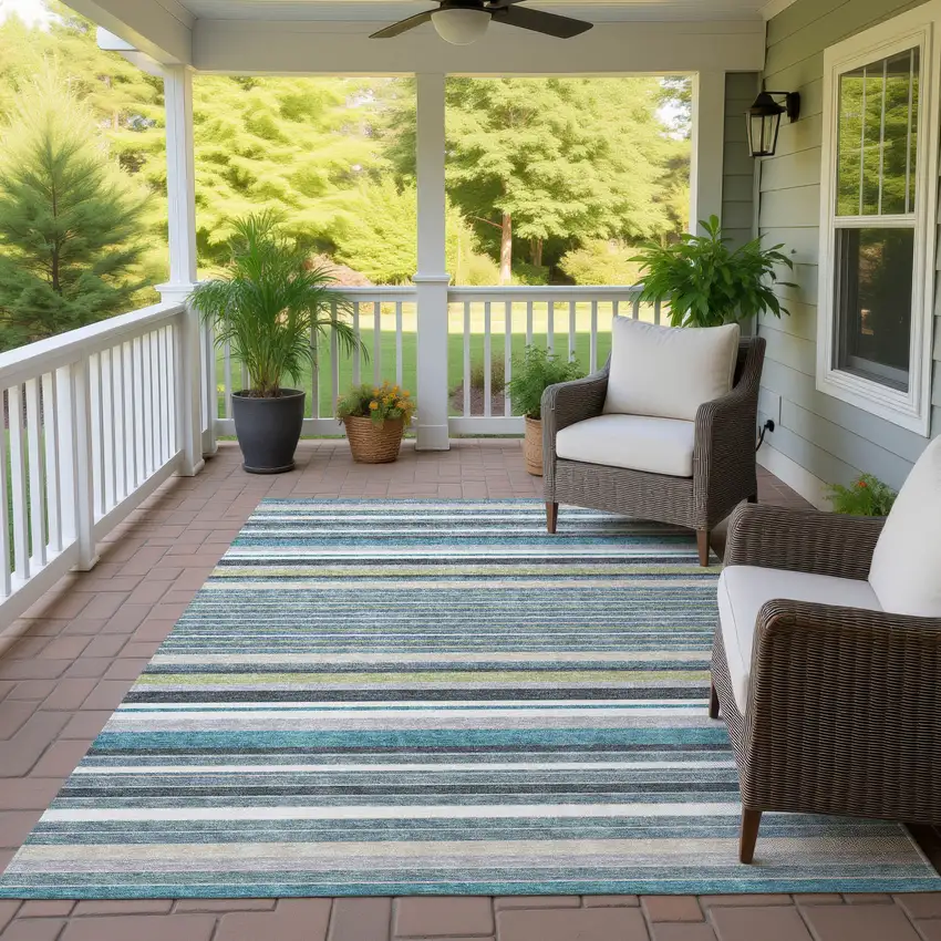 Teal Blue Gray And Ivory Striped Washable Indoor Outdoor Area Rug Photo 9