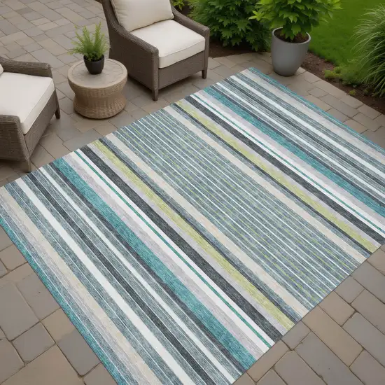 Teal Blue Gray And Ivory Striped Washable Indoor Outdoor Area Rug Photo 7