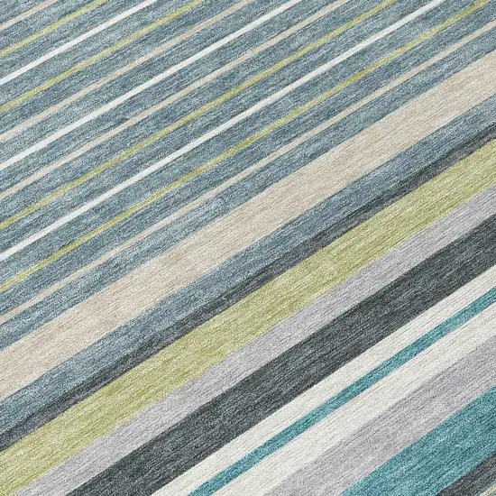 Teal Blue Gray And Ivory Striped Washable Indoor Outdoor Area Rug Photo 8