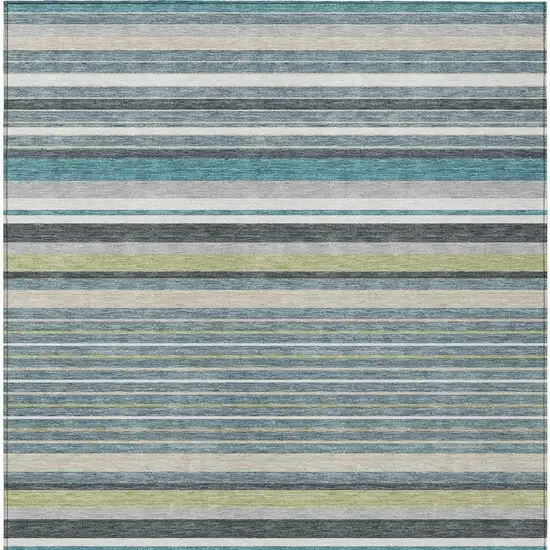 Teal Blue Gray And Ivory Striped Washable Indoor Outdoor Area Rug Photo 4