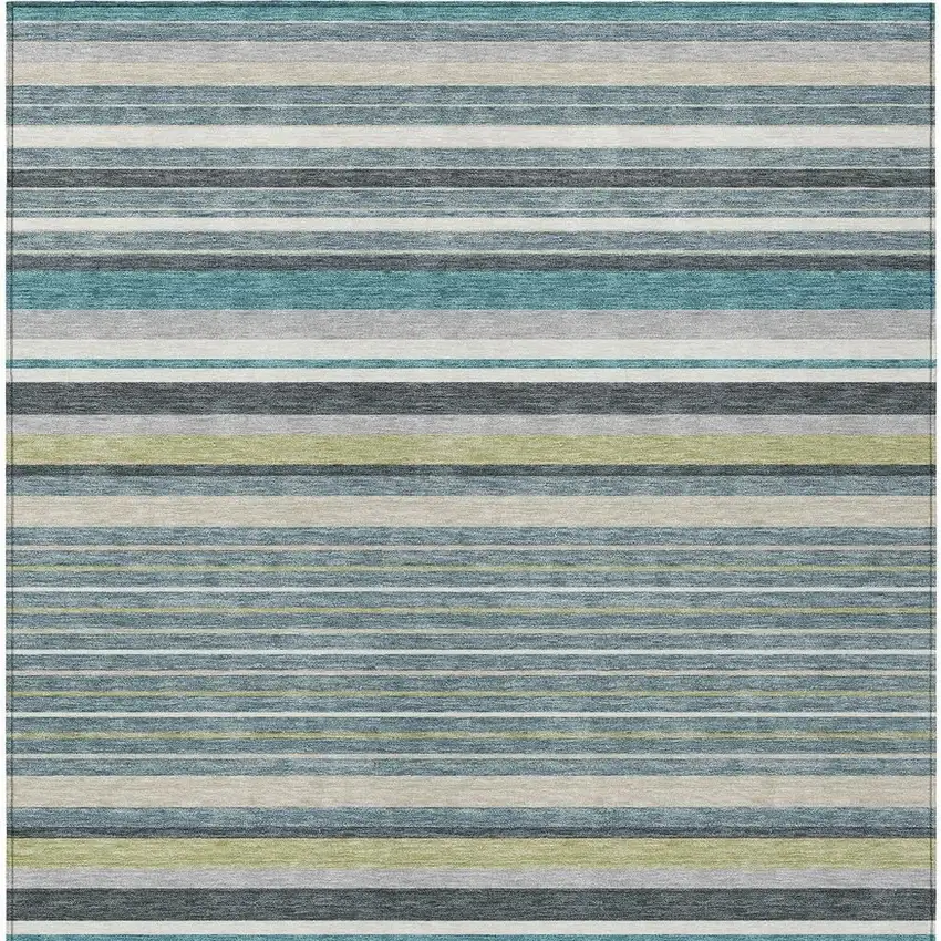 Teal Blue Gray And Ivory Striped Washable Indoor Outdoor Area Rug Photo 4