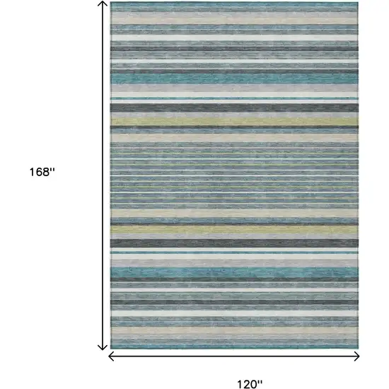 Teal Blue Gray And Ivory Striped Washable Indoor Outdoor Area Rug Photo 3