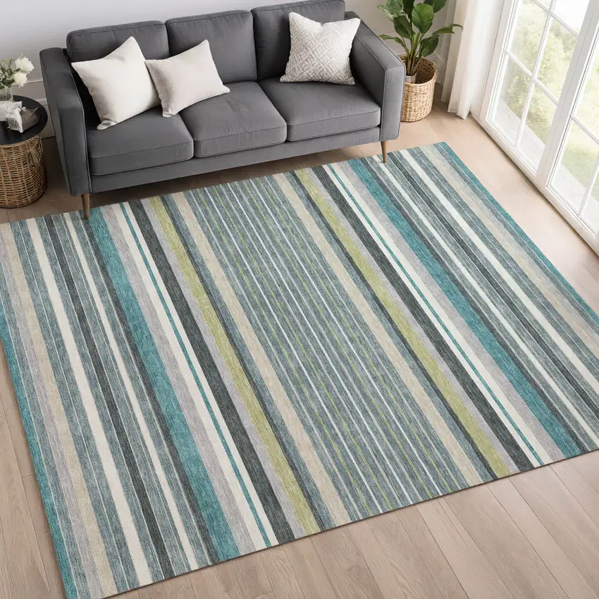 Teal Blue Gray And Ivory Striped Washable Indoor Outdoor Area Rug Photo 9