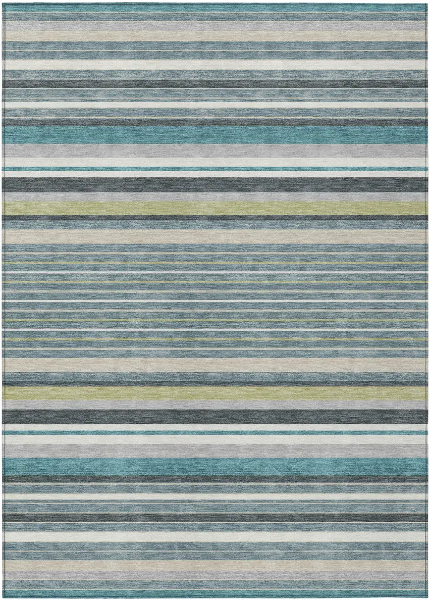 Teal Blue Gray And Ivory Striped Washable Indoor Outdoor Area Rug Photo 2