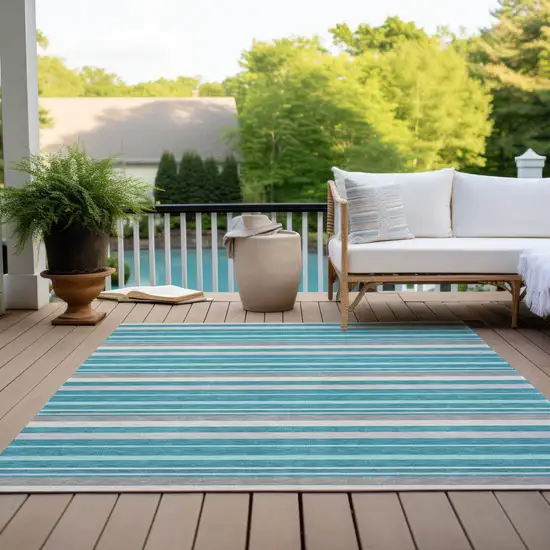 Teal Blue Gray And Ivory Striped Washable Indoor Outdoor Area Rug Photo 9