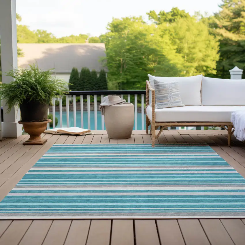 Teal Blue Gray And Ivory Striped Washable Indoor Outdoor Area Rug Photo 9