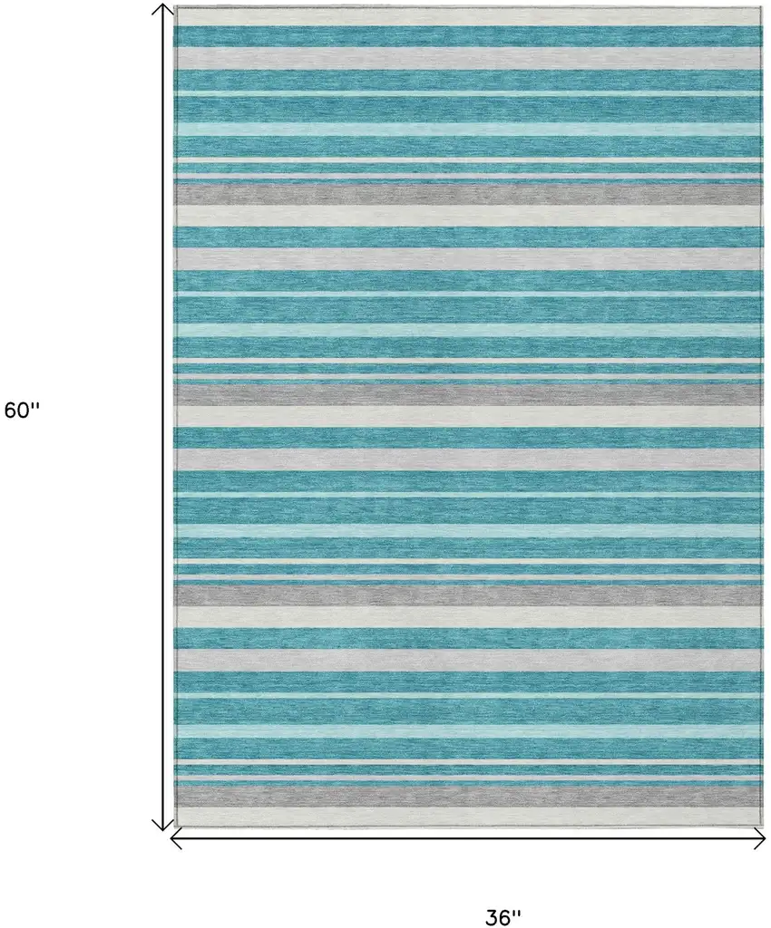Teal Blue Gray And Ivory Striped Washable Indoor Outdoor Area Rug Photo 3