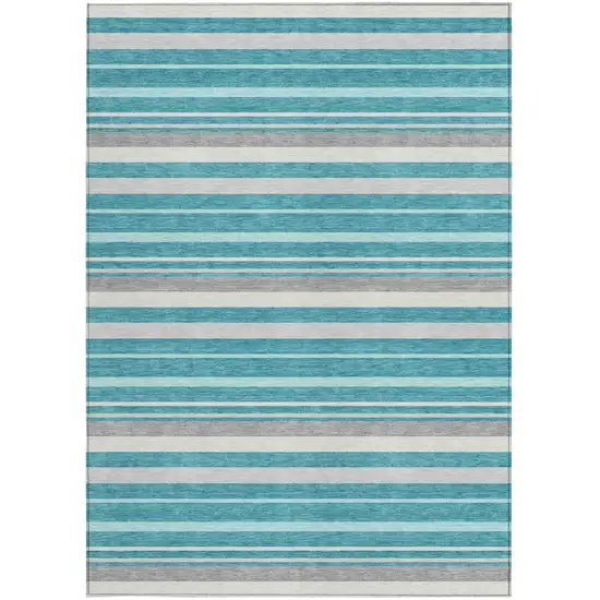 Teal Blue Gray And Ivory Striped Washable Indoor Outdoor Area Rug Photo 6