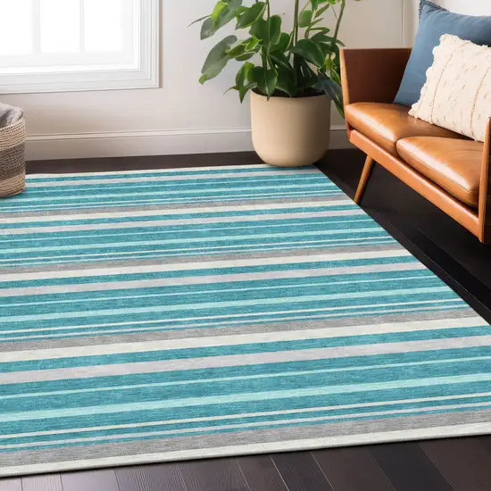 Teal Blue Gray And Ivory Striped Washable Indoor Outdoor Area Rug Photo 8