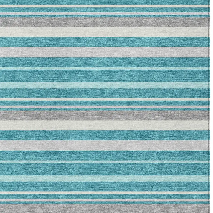 Teal Blue Gray And Ivory Striped Washable Indoor Outdoor Area Rug Photo 6
