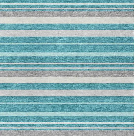 Teal Blue Gray And Ivory Striped Washable Indoor Outdoor Area Rug Photo 6