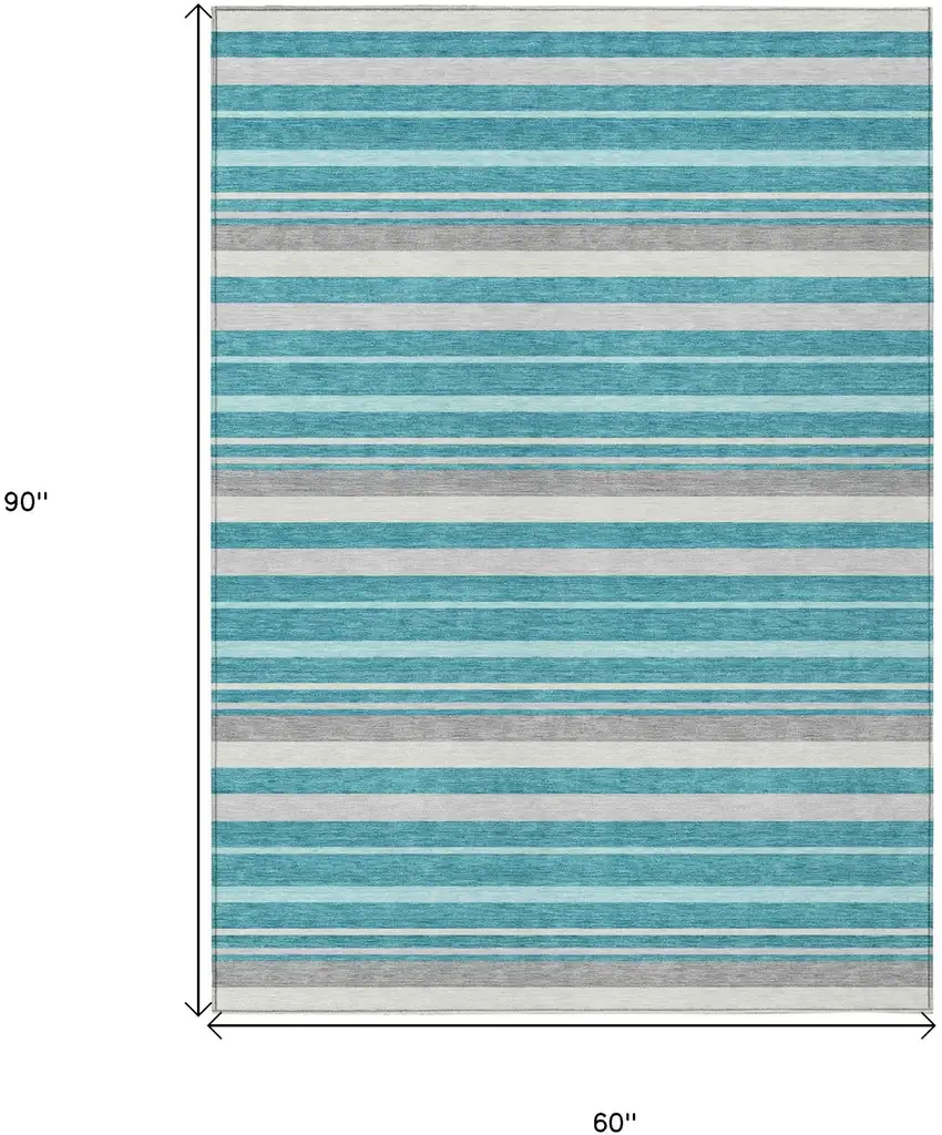 Teal Blue Gray And Ivory Striped Washable Indoor Outdoor Area Rug Photo 3