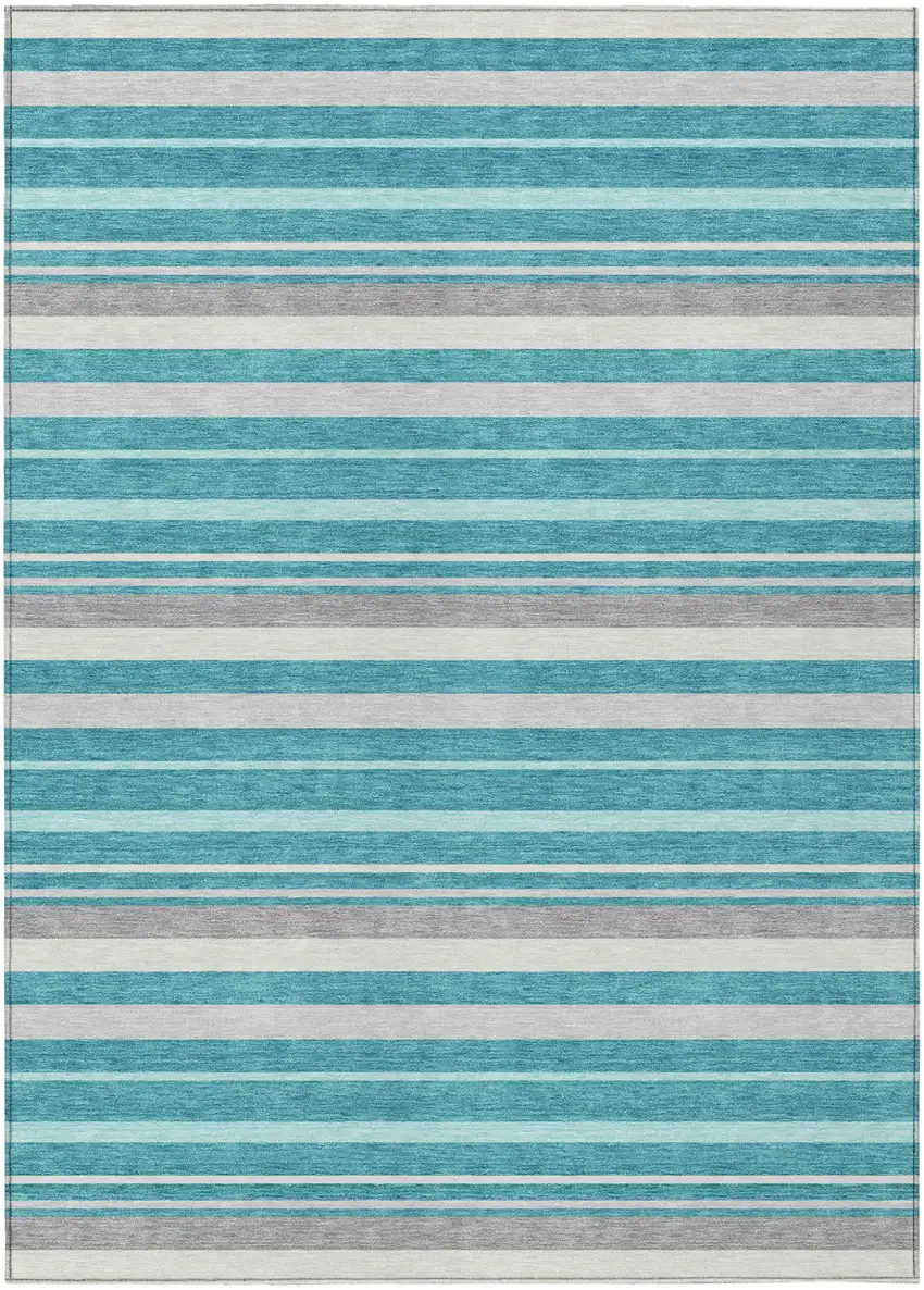 Teal Blue Gray And Ivory Striped Washable Indoor Outdoor Area Rug Photo 2