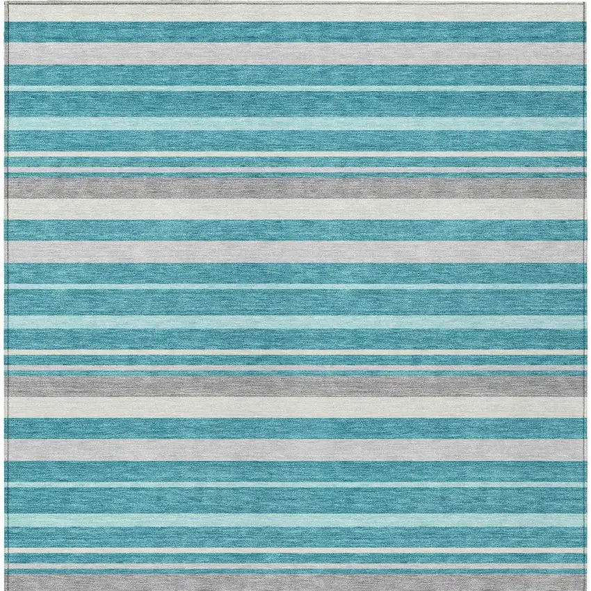Teal Blue Gray And Ivory Striped Washable Indoor Outdoor Area Rug Photo 6