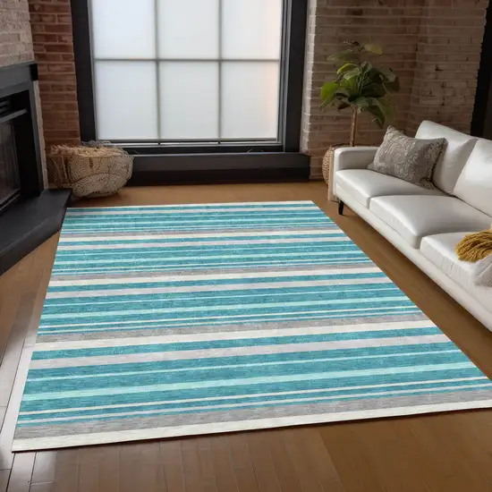 Teal Blue Gray And Ivory Striped Washable Indoor Outdoor Area Rug Photo 9