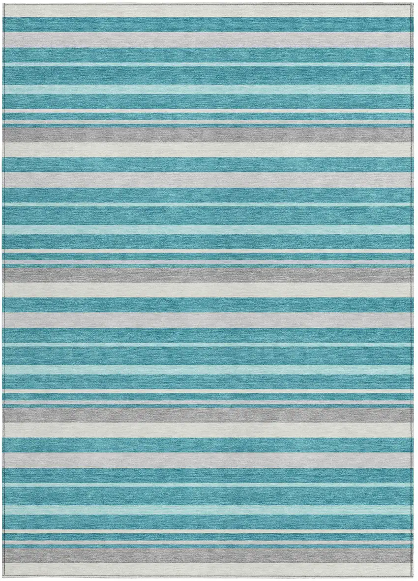Teal Blue Gray And Ivory Striped Washable Indoor Outdoor Area Rug Photo 7