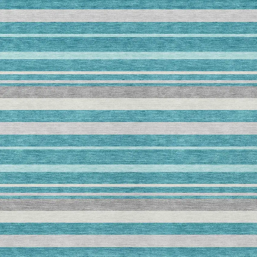 Teal Blue Gray And Ivory Striped Washable Indoor Outdoor Area Rug Photo 6