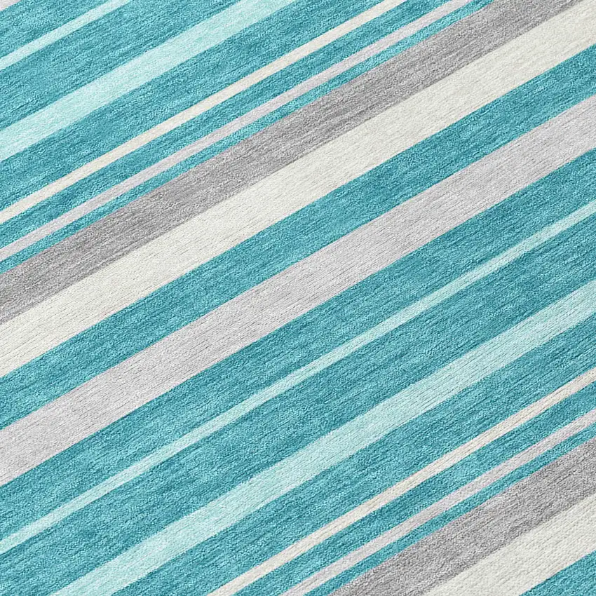Teal Blue Gray And Ivory Striped Washable Indoor Outdoor Area Rug Photo 8