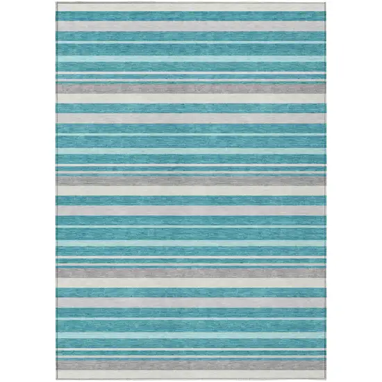 Teal Blue Gray And Ivory Striped Washable Indoor Outdoor Area Rug Photo 2
